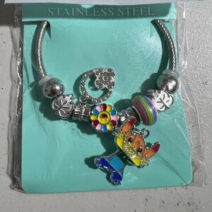 Stainless Steel Stitch  Charm Bracelet with Pink Accents